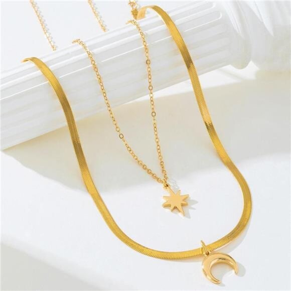2 Piece 18K Gold-Plated Moon & Star Necklace - Picture 2 of 5